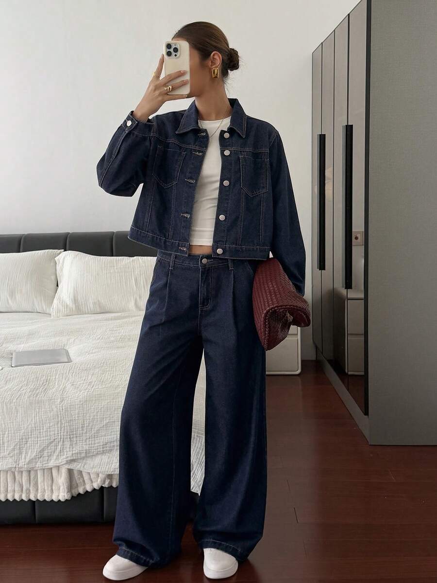女士长袖单排扣外套和阔腿牛仔裤休闲套装 - 藍色 - 查看 1