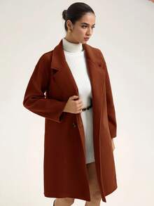 Revavyn Áo khoác dài đến đầu gối bằng len Merino tối giản mới thu/đông, kiểu dáng thanh lịch sang trọng, cổ áo khoét màu trơn, áo khoác ngoài đa năng thời trang thường ngày dành cho nữ, thích hợp để đi làm hàng ngày, mua sắm, đi làm, hẹn hò và các dịp khác - màu nâu - Xem 1