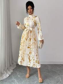 SHEIN Raffinéa Rafferiza Fashionable Elegant Champagne Gold Metallic Pleated Women Dress - Apricot - View 4