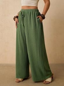 Travachic Pantalones anchos de punto texturizado verde con cintura elástica y cordón, con bolsillos, para mujer de talla grande