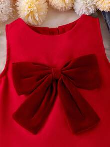 SHEIN Young Girl' Cute Red Bow Decor Comfortable & Stylish Sleeveless Dress, Autumn/Winter - Red - View 6