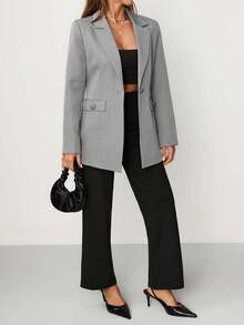 EURMUSE Women's Purple Button Front Pocket Detailed Elegant Blazer Jacket - Light Grey - View 4