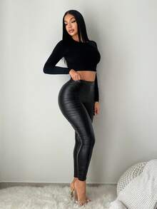 SHEIN SXY 女士褶皱休闲黑色皮革街头紧身裤 - 黑色 - 查看 7