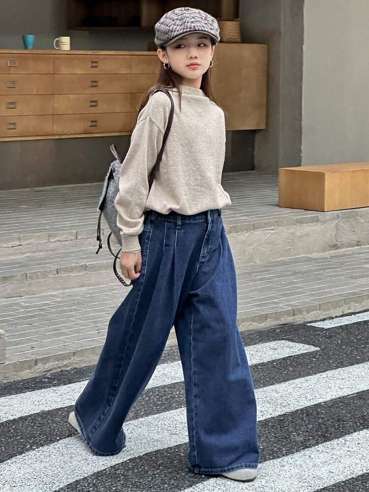 Tween Girls' Pleated Wide Leg Loose Casual Versatile Jeans