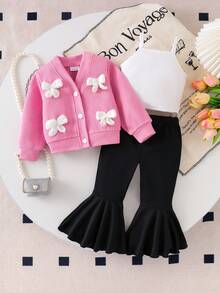 SHEIN Playful Pals 3pcs Baby Girl Set: Pink Long Sleeve Knit Cardigan With Knit Floral Camisole And Flare Pants, Fashion Outfit For Girls, Suitable For Spring And Autumn - Pink - View 5