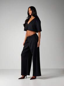 MISSGUIDED 露脐上衣阔腿裤两件套套装 V领宽松休闲 - 黑色 - 查看 4