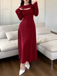 Feyla 女士纯色圆领长袖休闲中长连衣裙长款晚礼服 - 酒紅色 - 查看 3