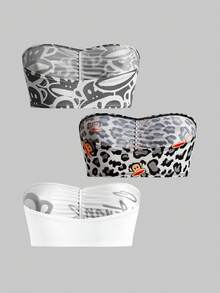 Paul Frank X ROMWE 3pcs Monkey Print Ruched Bandeau Bras - Grey - View 2