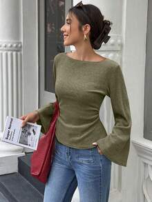 SHEIN Elenzya Áo len dệt kim họa tiết hoa dáng rộng cỡ tiêu chuẩn dành cho nữ, cổ rộng, vai trễ, tay loe, nhún eo, thời trang thu/đông - xanh quân đội - Xem 3