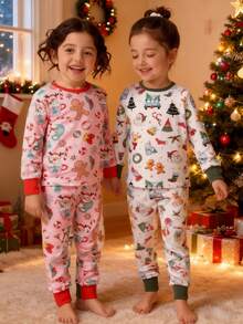 SHEIN 4pcs Young Girl Christmas Pattern Knit T-Shirt & Leggings Pajama Set,Cotton Bamboo Snug Fit Night Fairy Pink Autumn Baby Shower Sleepwear - Multicolor - View 1