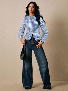 Poéselle 女士格子圆领纽扣灯笼袖休闲衬衫 - 淺藍色 - 查看 3