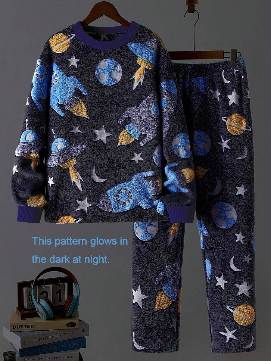 2件套男童夜光法兰绒印花圆领长袖睡衣套装