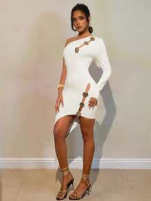 INAWLY 时尚性感金属装饰镂空紧身不对称下摆女式连衣裙 - 白色 - 查看 6