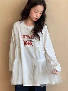 DAZY Tween Girls Crew Neck Knit Printed Mesh Patchwork Long Sleeve T-Shirt, Fall