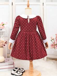 Vestido lindo con mangas abullonadas y estampado floral pequeño para niña - Burdeos - Ver 2