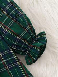 SHEIN Emery Rose Kids 女童优雅格子拼接蝴蝶结装饰荷叶边下摆宽松长袖连衣裙，适合圣诞节、秋冬季、派对、上学、日常休闲穿着