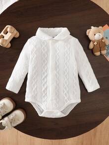 Souflis Souflis Body pentru bebeluși băieți, alb, cu mânecă lungă, design drăguț cu guler arcuit, țesătură jacquard tricotată casual cu design special scobit, închidere cu capse la guler și în partea de jos pentru o îmbrăcare ușoară, în general simplu și versatil, body cu deschidere între picioare. Potrivit pentru purtare zilnică în interior, confortabilă pentru timpul liber acasă, botezuri sau reuniuni formale în familie, pentru toate anotimpurile. - alb - Vizualizare 4