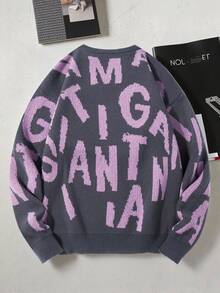 Manfinity Roghcode Áo khoác cardigan dệt kim dài tay, cài khuy đơn họa tiết chữ dành cho nam, mùa thu/đông - Màu tím - Xem 2