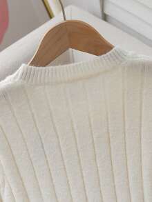 SHEIN Sparklyn 1pc Girls' Vintage Cable Knit Sweater Dress, Crew Neck Cinched Waist A-Line Hem, Black Horse Embroidery Pattern, Regular Thickness, Solid Color Clean Hem, Fashionable & Cute, Suitable For Daily Wear, Outings, Parties, School In Autumn/Winter Girls Sweater Dress Girl Long Sleeve Dresses Dress Kids Girl Dress Girl White Cute Teens Dress White Dress White Dress Cute Girls Dress White - Apricot - View 5