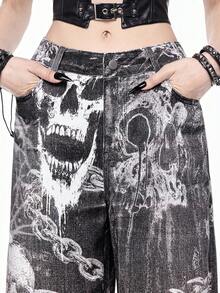 ROMWE Grunge Punk Jeans anchos y sueltos con estampado de cadena de calavera y esqueleto de estilo gótico oscuro - Gris - Ver 3
