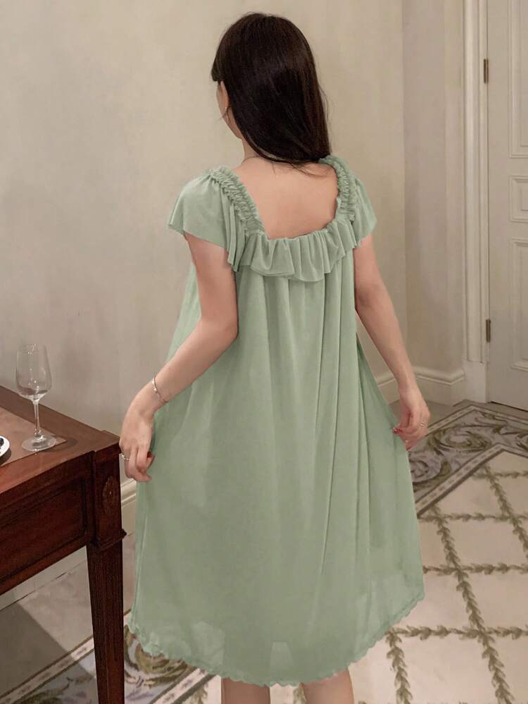 Lightweight Ruffled Mesh Women's Nightgown Sleepwear Dress