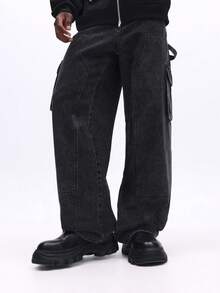 SUMWON Carpenter Baggy Jeans With Utility Pockets Relaxed Fit Wide Leg Denim Casual Streetwear Winter Style Plain - Black - View 1