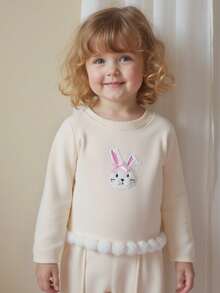 SHEIN Baby Girls' Casual Cute Rabbit Embroidery Fuzzy Hem Round Neck Long Sleeve Knit Top And Flare Leg Pants Set, Autumn/Winter - Beige - View 8