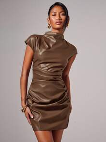 COSMINA 女士优雅 PU 皮革褶皱迷你连衣裙，夏季 - 棕色 - 查看 3