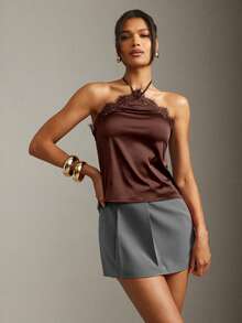 Hauture Sexy Summer Office Lace Datail Halter Cami Top - Brown - View 5