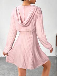 SHEIN EZwear 女士休闲纯色连帽上衣和连衣裙两件套，秋季 - 粉色 - 查看 2