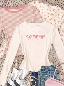 SHEIN Leap Crew 3pcs/Set Cream-Colored Bohemian Floral, Soft Pink Striped, Bow Accent Graphic Slim Fit Long Sleeve T-Shirts, Casual & Comfortable Autumn/Winter Tops For Teen Girls, Suitable For Daily Wear, Loungewear, And Layering - Multicolor - View 4