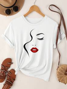 SHEIN Essnce 1pc Women Casual Line Face Print Short Sleeve Round Neck T-Shirt, Spring & Summer - White - View 3