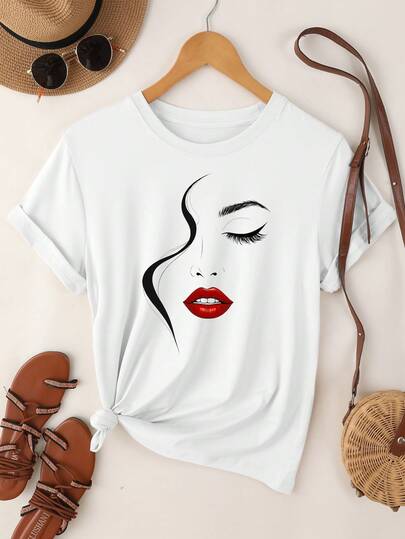 SHEIN Essnce 1pc Women Casual Line Face Print Short Sleeve Round Neck T-Shirt, Spring & Summer