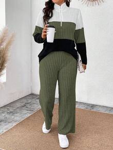 EMERY ROSE Plus Size Collared Zip Decor Soft Knit Long Sleeve Ribbed Colorblock T-Shirt And Soft Ribbed Pants Casual 2-Piece Outfit - Multicolor - View 7