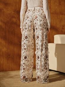 Anewsta Elegant Champagne Color Floral Mesh Straight Leg Pants, Glamorous Resort Wear For Women, Spring/Summer Outfits - Champagne - View 3