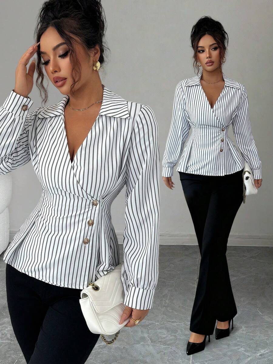 Franclia Women's Elegant Commuter Casual Striped Shirt