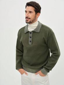 EGENSIO Men's Striped Polo Neck Long Sleeve Casual Sweater, Autumn/Winter Men Buttoned Knitted Polo Mens Clothing - Army Green - View 3