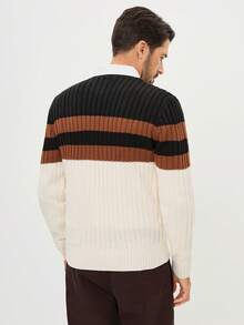 Manfinity CityGents Men's Contrast Color Crew Neck Casual Long Sleeve Pullover Sweater, Autumn/Winter Mens Cable Knit Sweater Brown Sweater Men  Men Sweater Top Men Buttoned Knitted Polo - Multicolor - View 2