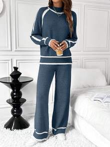 SHEIN LUNE 2件套女士休闲宽松撞色毛衣套装 - 霧霾藍 - 查看 5