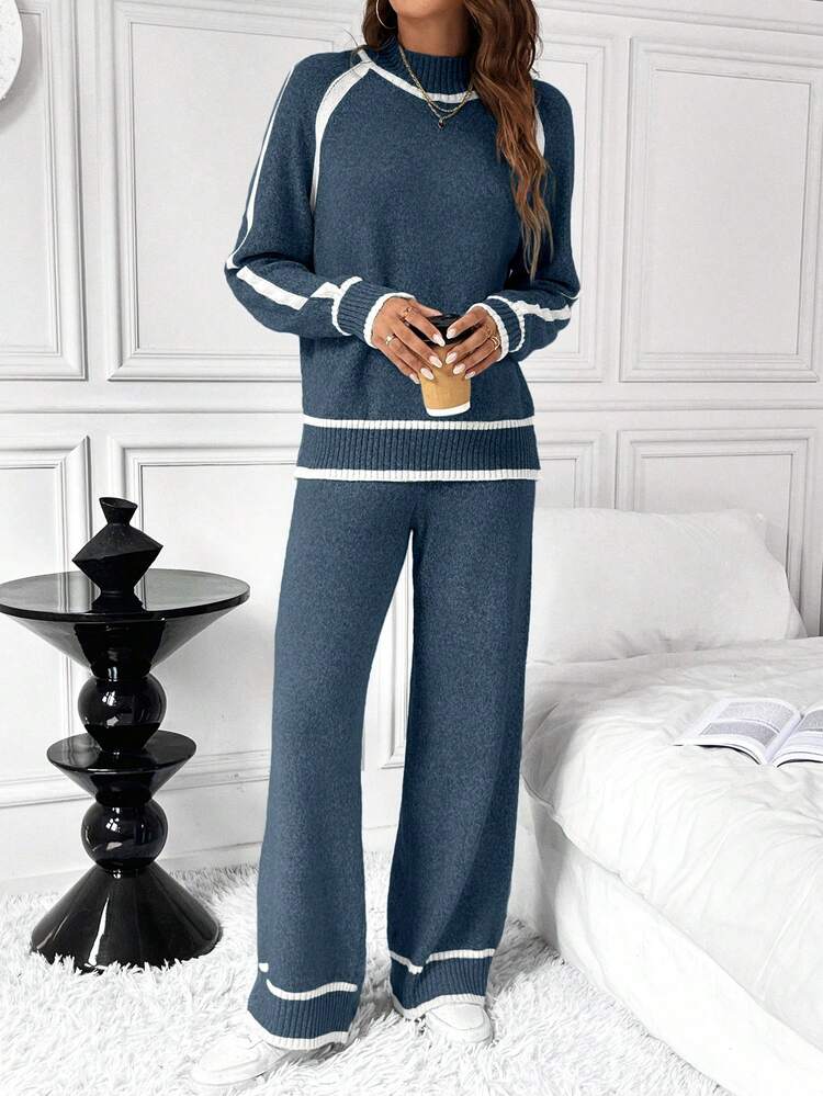 SHEIN LUNE 2 piezas Conjunto de suéter holgado y casual de color contrastante para mujer - Neblina azul - Ver 5