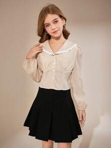 Tween Girl Polka Dot Long-Sleeve Blouse – Sweet Peter Pan Collar With Ruffled Trim, Button-Front Design, Flowy Puff Sleeves, Soft Lightweight Fabric, Adorable Beige & Pink Pattern, Perfect For School, Parties, Casual Outings – Feminine Shirt Spring Autumn Wardrobe - Beige - View 5