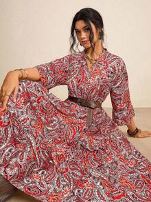 Freevana 大码女式休闲V领喇叭袖腰果印花度假连衣裙 - 珊瑚橙 - 查看 1