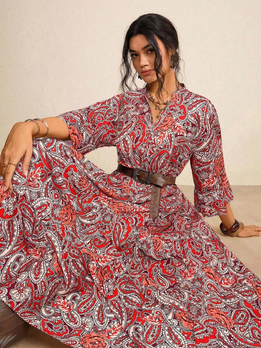 Freevana 大码女式休闲V领喇叭袖腰果印花度假连衣裙 - 珊瑚橙 - 查看 1