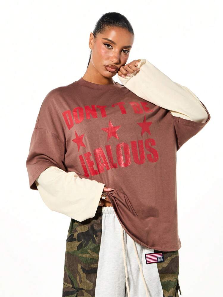 SUMWON WOMEN Oversized Faux Layer Graphic Long Sleeve Tee