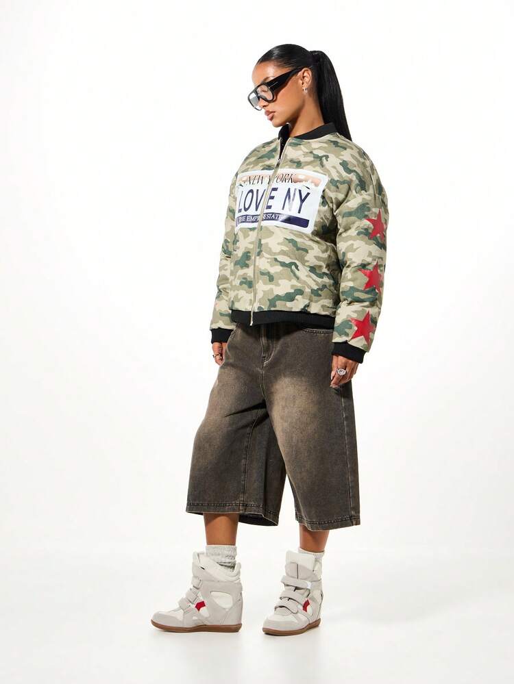 SUMWON WOMEN Camo Bomber Jacket With License Plate Print