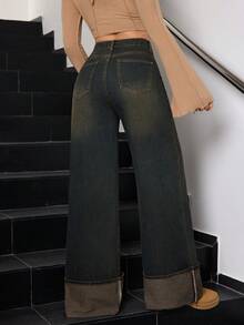 SHEIN Tall Winter Women's Casual Washed Vintage Chic Fashionable Turn-Up Hem Design Wide Leg Jeans - Dark Wash - View 2