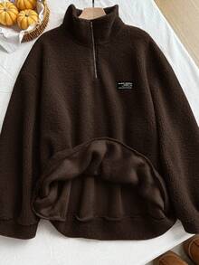 Comfortcana Plus Size Women Chocolate Brown Letter Graphic Zip-Up Half Placket Fleece Sweatshirt, Autumn/Winter - Chocolate Brown - View 7
