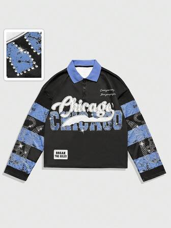 Camicia polo casual da uomo a maniche lunghe con stampa di lettere e design con strass