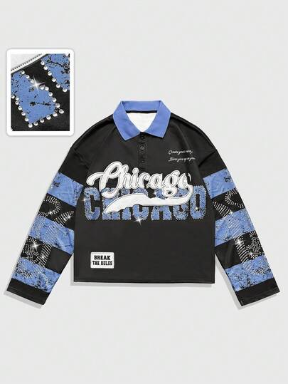 Chemise polo décontractée à manches longues avec imprimé lettres et design de strass pour hommes