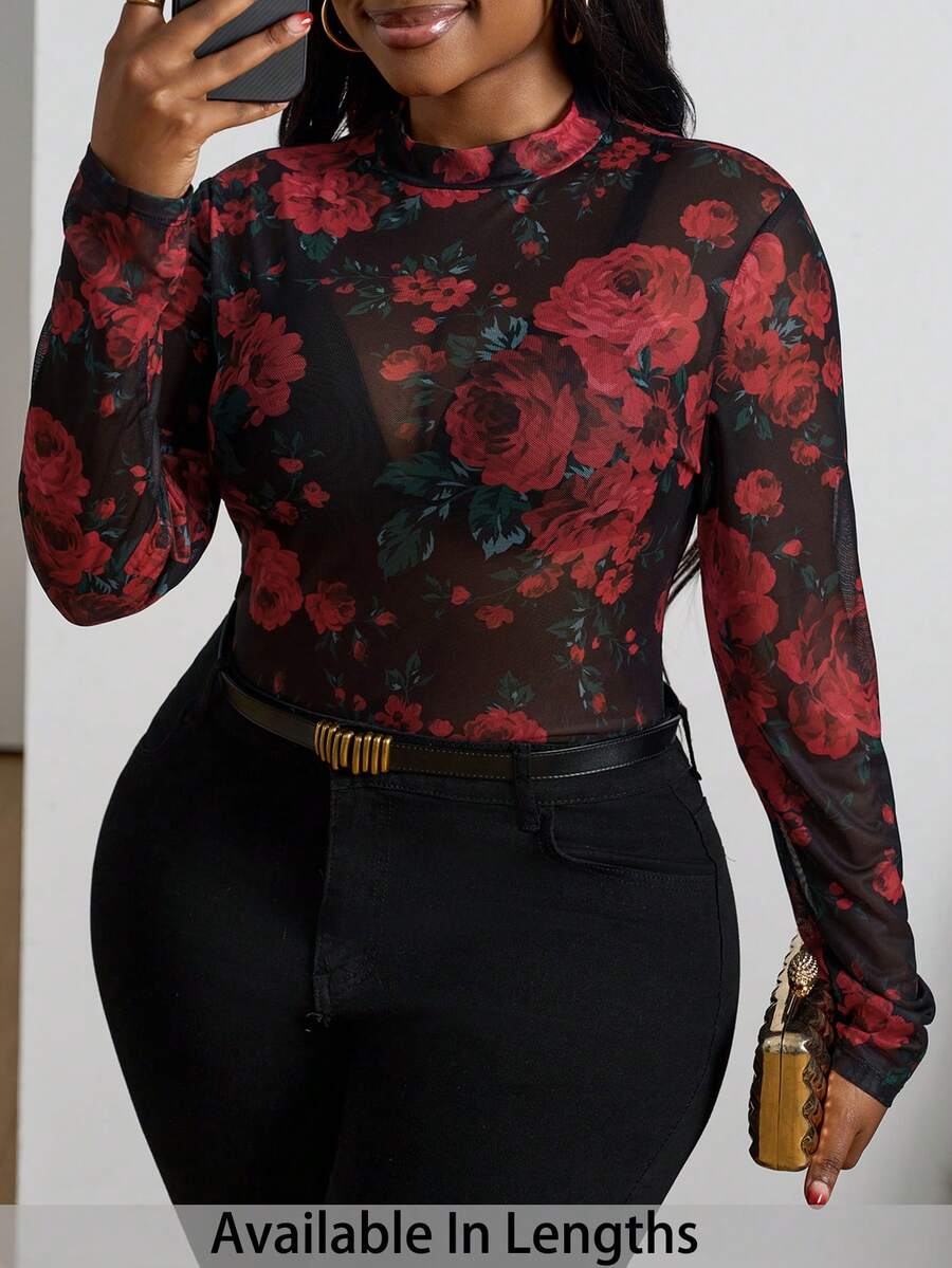 SHEIN PETITE CURVE 大码女士透视玫瑰印花衬衫，长袖修身款，女士情人节礼物 - 黑色 - 查看 1
